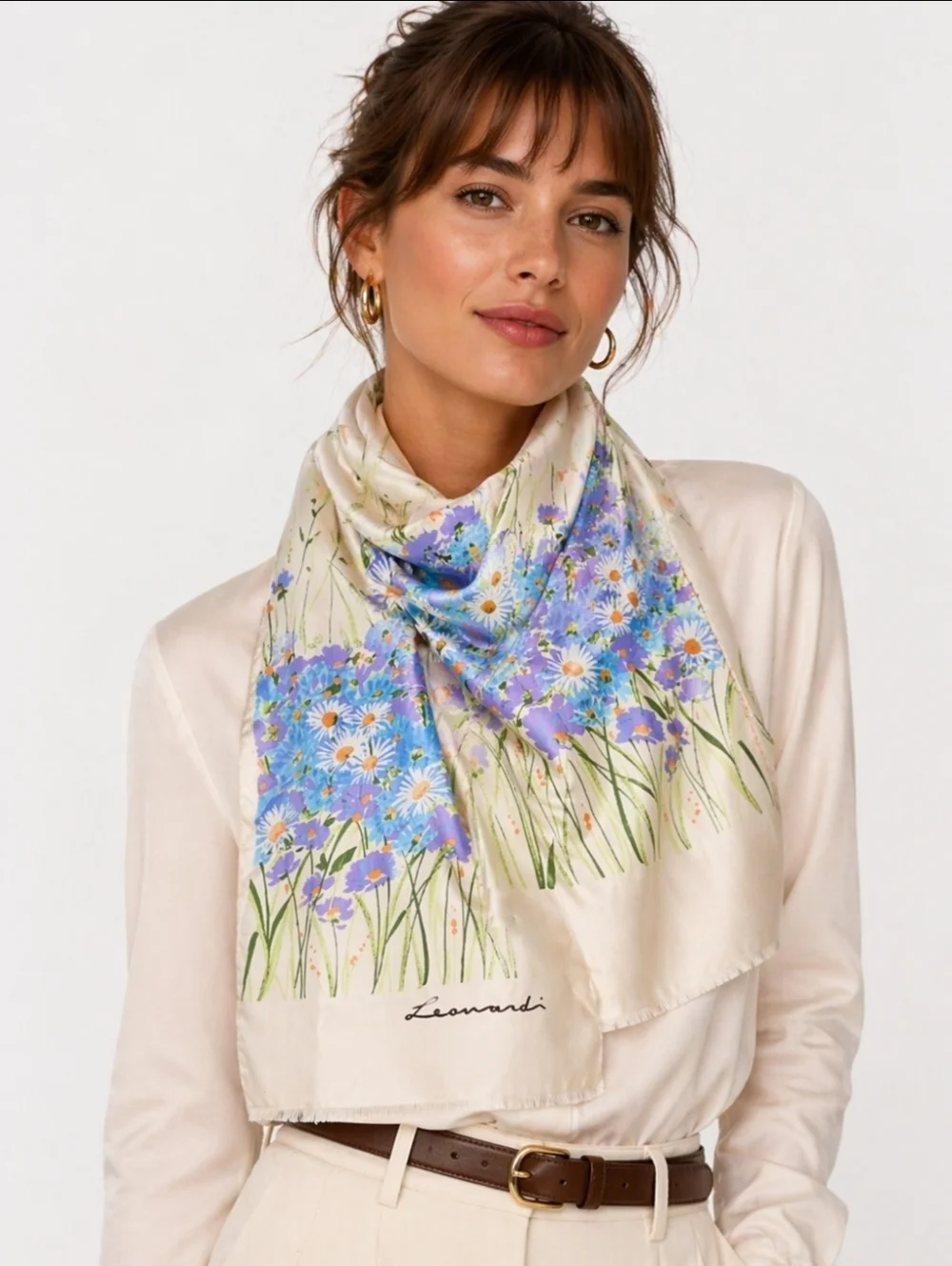 Leonardi Vintage Italian Floral Scarf in Cream with Blue & Green Bouquet Daisies